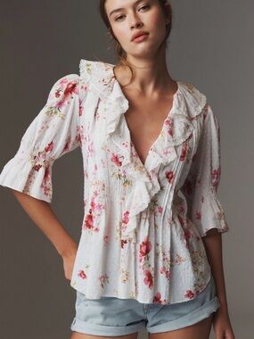 Anthropologie Rufed Pin Tuck Floral V-Neck Women’s Blouse